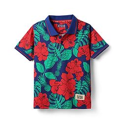 Pine Kids Cotton Knit Half Sleeves Polo T-Shirt with Floral  Print - Navy Blue