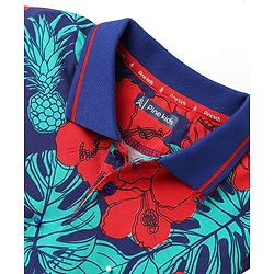 Pine Kids Cotton Knit Half Sleeves Polo T-Shirt with Floral  Print - Navy Blue