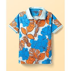 Pine Kids Cotton Knit Half Sleeves Polo T-Shirt with Floral Print - Blue & White