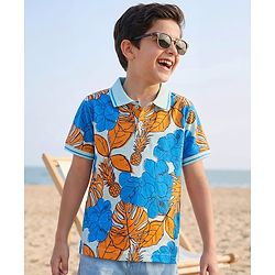 Pine Kids Cotton Knit Half Sleeves Polo T-Shirt with Floral Print - Blue & White