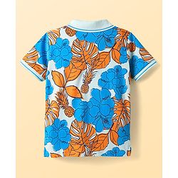 Pine Kids Cotton Knit Half Sleeves Polo T-Shirt with Floral Print - Blue & White
