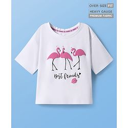 Pine Kids Cotton Knit Half Sleeves Oversized T-Shirt with Flamingo Puff Print - White