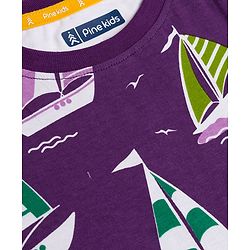 Pine Kids Cotton Knit T-Shirt With Boat Theme Print - Purple