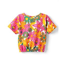 Pine Kids Cotton Knit Half Drop Shoulder Sleeves T-Shirt with Floral Print - Pink
