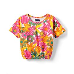 Pine Kids Cotton Knit Half Drop Shoulder Sleeves T-Shirt with Floral Print - Pink