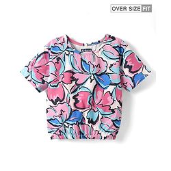 Pine Kids Cotton Knit Half Sleeves T-Shirt with Floral Print - Pink