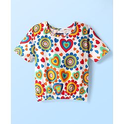 Pine Kids Cotton Knit Half Sleeves T-Shirt with Floral & Hearts Print - White