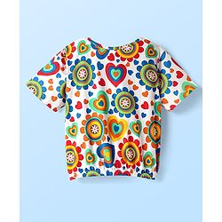 Pine Kids Cotton Knit Half Sleeves T-Shirt with Floral & Hearts Print - White