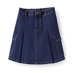 Pine Kids Knee Length Washed Denim Skirt with Pocket Detailing - Navy Blue