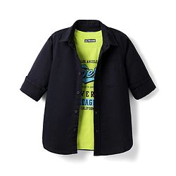 Pine Kids Cotton Woven Full Sleeves Shirt With Printed T-Shirt - Navy Blue & Green