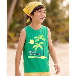 Pine Kids Cotton Knit Sleeveless Tank T-Shirt with Beach Theme Print - Mint