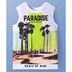 Pine Kids Cotton Knit Sleeveless Tank T-Shirt with Beach Theme Print - White