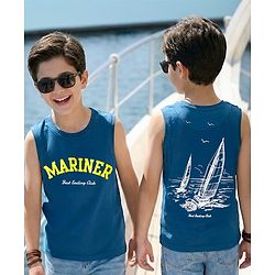 Pine Kids Cotton Knit Sleeveless Tank T-Shirt with Text Print - Navy Blue