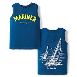 Pine Kids Cotton Knit Sleeveless Tank T-Shirt with Text Print - Navy Blue