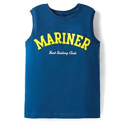 Pine Kids Cotton Knit Sleeveless Tank T-Shirt with Text Print - Navy Blue