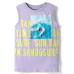 Pine Kids Cotton Knit Sleeveless Tank T-Shirt with Beach Theme Print - Lilac