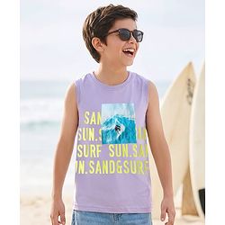 Pine Kids Cotton Knit Sleeveless Tank T-Shirt with Beach Theme Print - Lilac