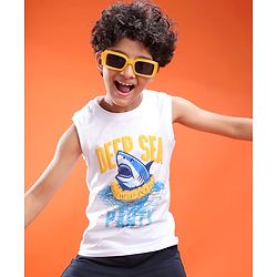 Pine Kids Cotton Knit Sleeveless T-Shirt with Text Print - White