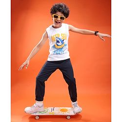 Pine Kids Cotton Knit Sleeveless T-Shirt with Text Print - White