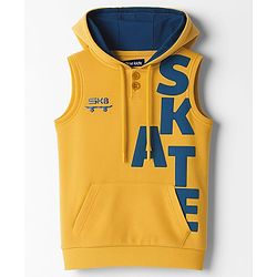 Pine Kids Cotton Knit Sleeves Hooded T-Shirt with Text Patch Detailing & Kangaroo Pocket - Yellow