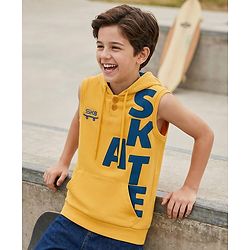 Pine Kids Cotton Knit Sleeves Hooded T-Shirt with Text Patch Detailing & Kangaroo Pocket - Yellow