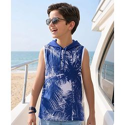 Pine Kids Cotton Knit Sleeves Hooded T-Shirt with Coconut Tree Print - White
