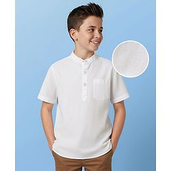 Pine Kids Linen Woven Half Sleeves Solid Colour Shirt With Mandarin Collar - White
