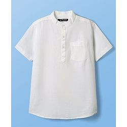 Pine Kids Linen Woven Half Sleeves Solid Colour Shirt With Mandarin Collar - White