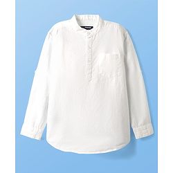 Pine Kids Linen Woven Full Sleeves Solid Colour Shirt With Mandarin Collar - White