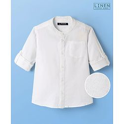 Pine Kids Linen Woven Mandarin Collar Solid Colour Shirt - White