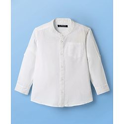 Pine Kids Linen Woven Mandarin Collar Solid Colour Shirt - White