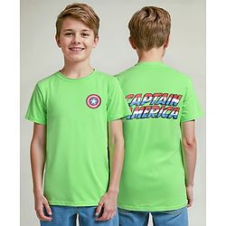 Pine Kids Marvel Single Jersey Knit Half Sleeves Drop Shoulder T-Shirt With Captain America Graphic And Badge Detailing - Light Green