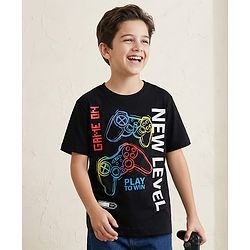 Pine Kids Cotton Knit Half Sleeves T-Shirt with Gaming Print - Black
