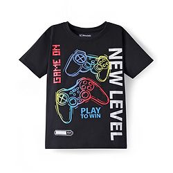 Pine Kids Cotton Knit Half Sleeves T-Shirt with Gaming Print - Black