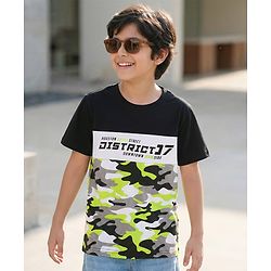 Pine Kids Cotton Knit Half Sleeves Cut & Sew T-Shirt with Text Print - Black