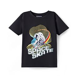 Pine Kids Cotton Knit Half Sleeves T-Shirt With Space Skate Text Print - Black