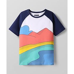 Pine Kids Cotton Knit Half Raglan Sleeves T-Shirt with Mountain Print - White