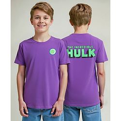Pine Kids Marvel Single Jersey Knit Half Sleeves Drop Shoulder T-Shirt With Hulk Graphic And Badge Detailing - Purple