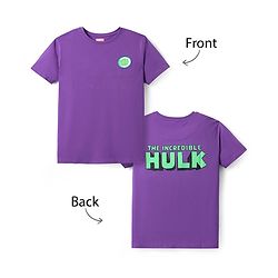 Pine Kids Marvel Single Jersey Knit Half Sleeves Drop Shoulder T-Shirt With Hulk Graphic And Badge Detailing - Purple