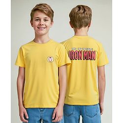 Pine Kids Marvel Single Jersey Knit Half Sleeve Drop Shoulder T-Shirt With Iron Man Graphic And Badge Detailing - Yellow