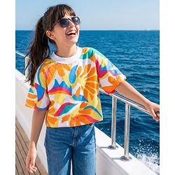 Pine Kids Cotton Knit Half Sleeves Over Sized Top with Tropical Theme Print - White