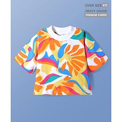 Pine Kids Cotton Knit Half Sleeves Over Sized Top with Tropical Theme Print - White