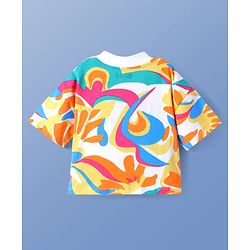 Pine Kids Cotton Knit Half Sleeves Over Sized Top with Tropical Theme Print - White