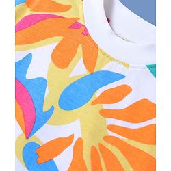Pine Kids Cotton Knit Half Sleeves Over Sized Top with Tropical Theme Print - White