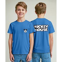 Pine Kids Disney Single Jersey Knit Half Sleeve Drop Shoulder T-Shirt With Front & Back Mickey Mouse Graphic And Badge Detailing - Blue