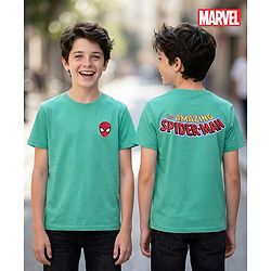 Pine Kids Marvel Single Jersey Knit Half Drop Shoulder Sleeves T-Shirt with Spider Man Graphics & Badge Detailing - Mint