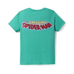 Pine Kids Marvel Single Jersey Knit Half Drop Shoulder Sleeves T-Shirt with Spider Man Graphics & Badge Detailing - Mint