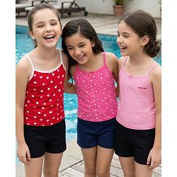 Pine Kids Cotton Knit Singlet Sleeves Slips with Hearts Print Pack of 3 (Color May Vary)