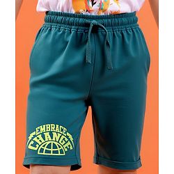 Pine Kids Looper Knit Above Knee Length Shorts With Text Print - Teal Blue