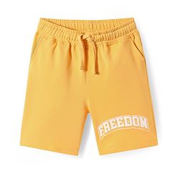 Pine Kids Looper Knit Above Knee Length Shorts With Freedom Text Print - Yellow